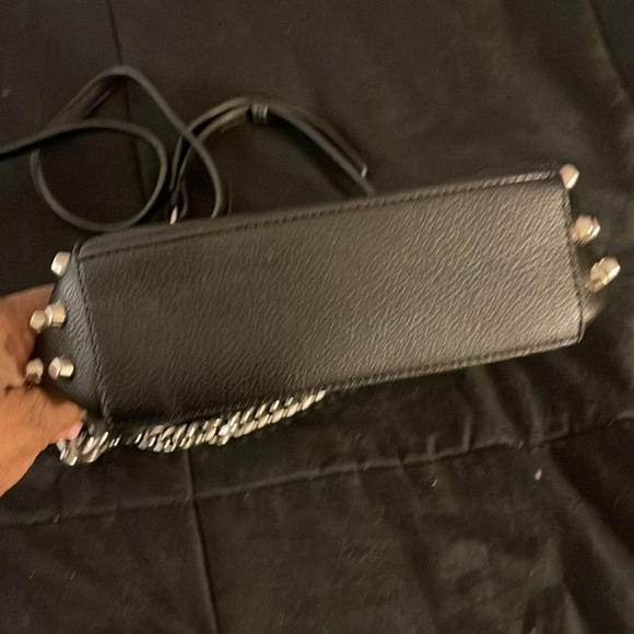 Black w/Silver Studded Crossbody bag Zip Closure Worn 2 Ways Short Chain Handle - Picture 4 of 10